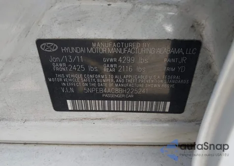 2011 Hyundai Sonata Gls from USA, damaged, VIN 5NPEB4AC8BH225241